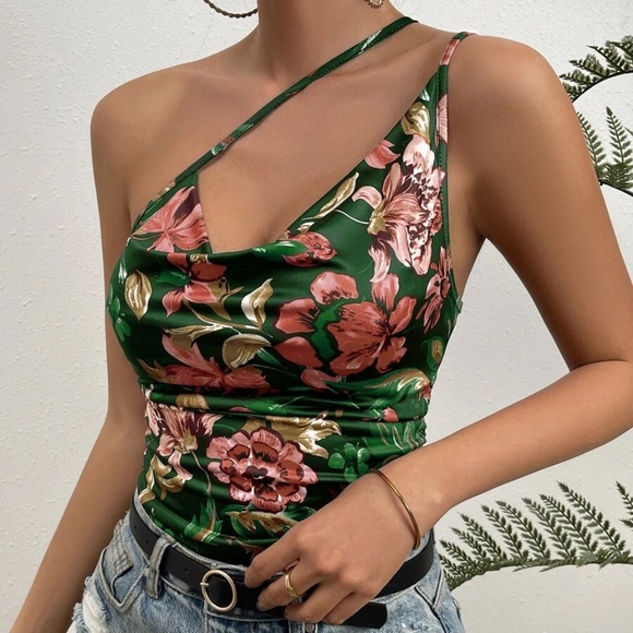 Boho Floral Print One Shoulder Cami Tank Top - Picture 8 of 13